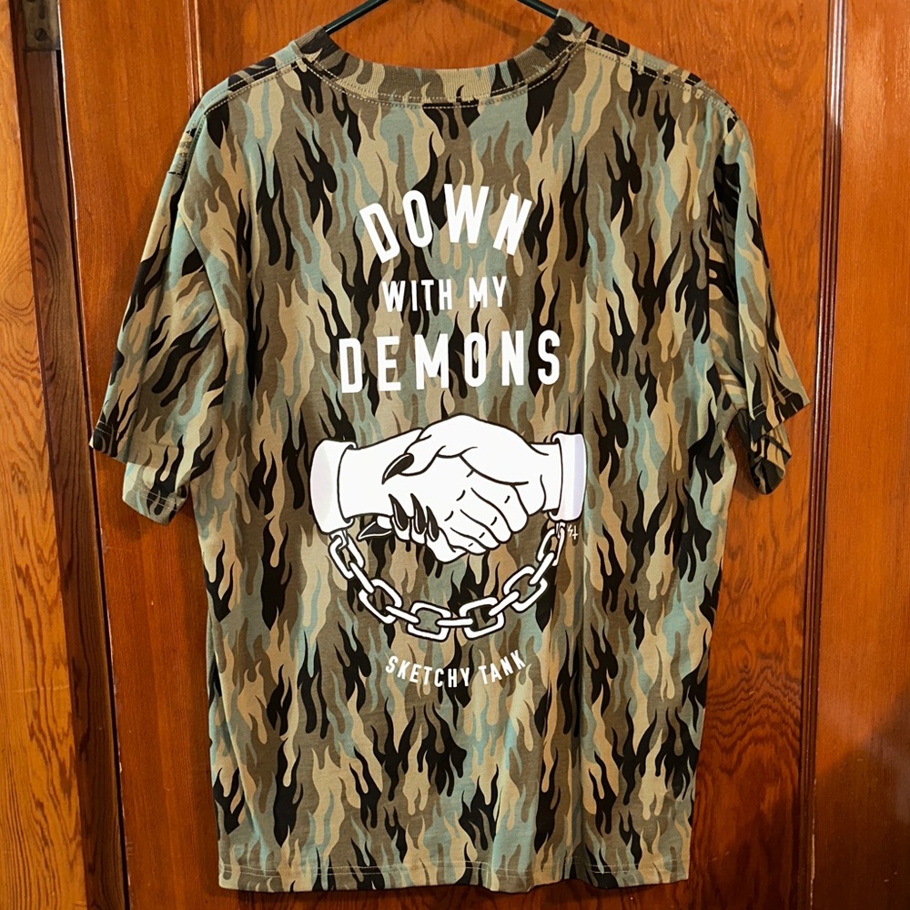 LURKING CLASS SKETCHY TANK DOWN WITH MY DEMONS LIMITED CAMO FLAMES POCKET T